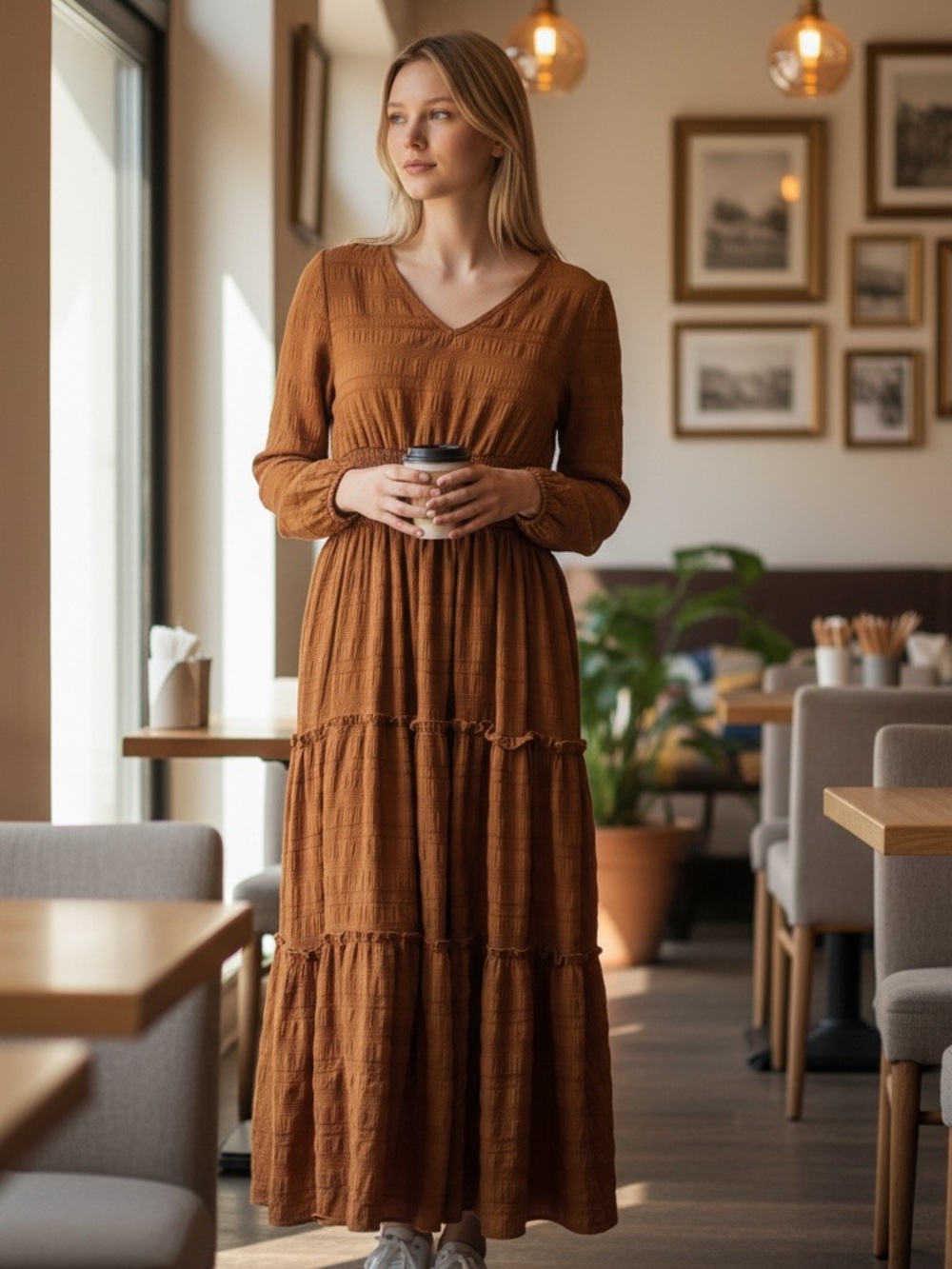 Patrons Of Peace Maxi Dress Small Brown Orange Boho Tiered Smocked Hippie NWT